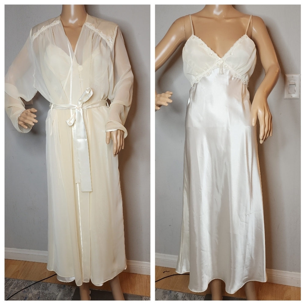 JCPenney Cream Sheer Robe and Satin Nightgown Set